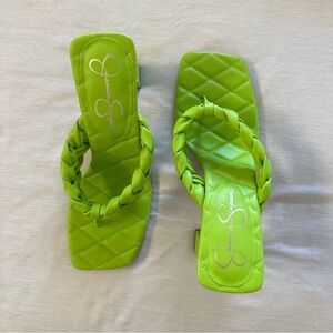 Neon green square toe block heel